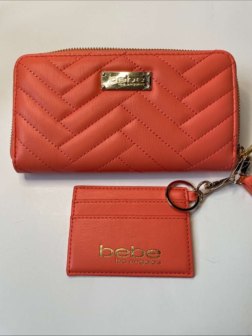 NWT bebe coral and cream zip wallet & card holder with gold hardware